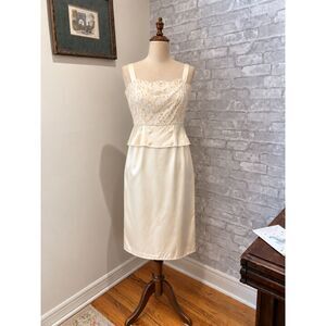 Vintage 60s Ivory Satin Lace Sequin Cocktail Dress ILGWU Sm/Med (vtg sz 14)